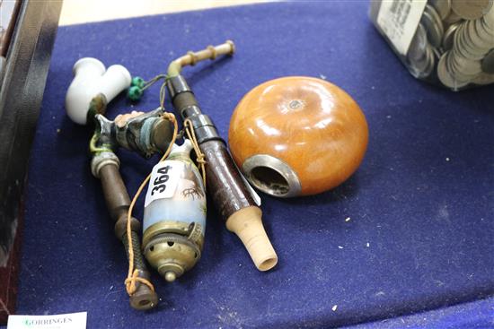 Two Austrian porcelain-mounted ceramic pipes and a Bombilla pot (3)